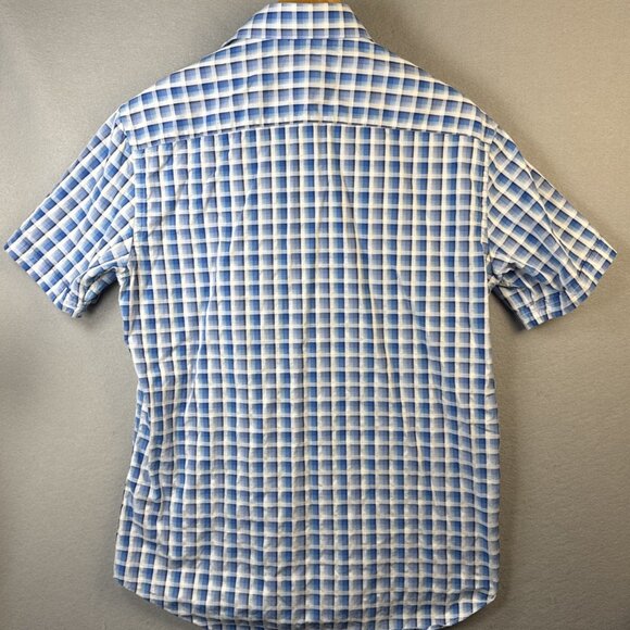 Bugatchi Shirt Mens L Large Blue Plaid Shaped Fit Short Sleeve Button Up Cotton - Picture 8 of 10